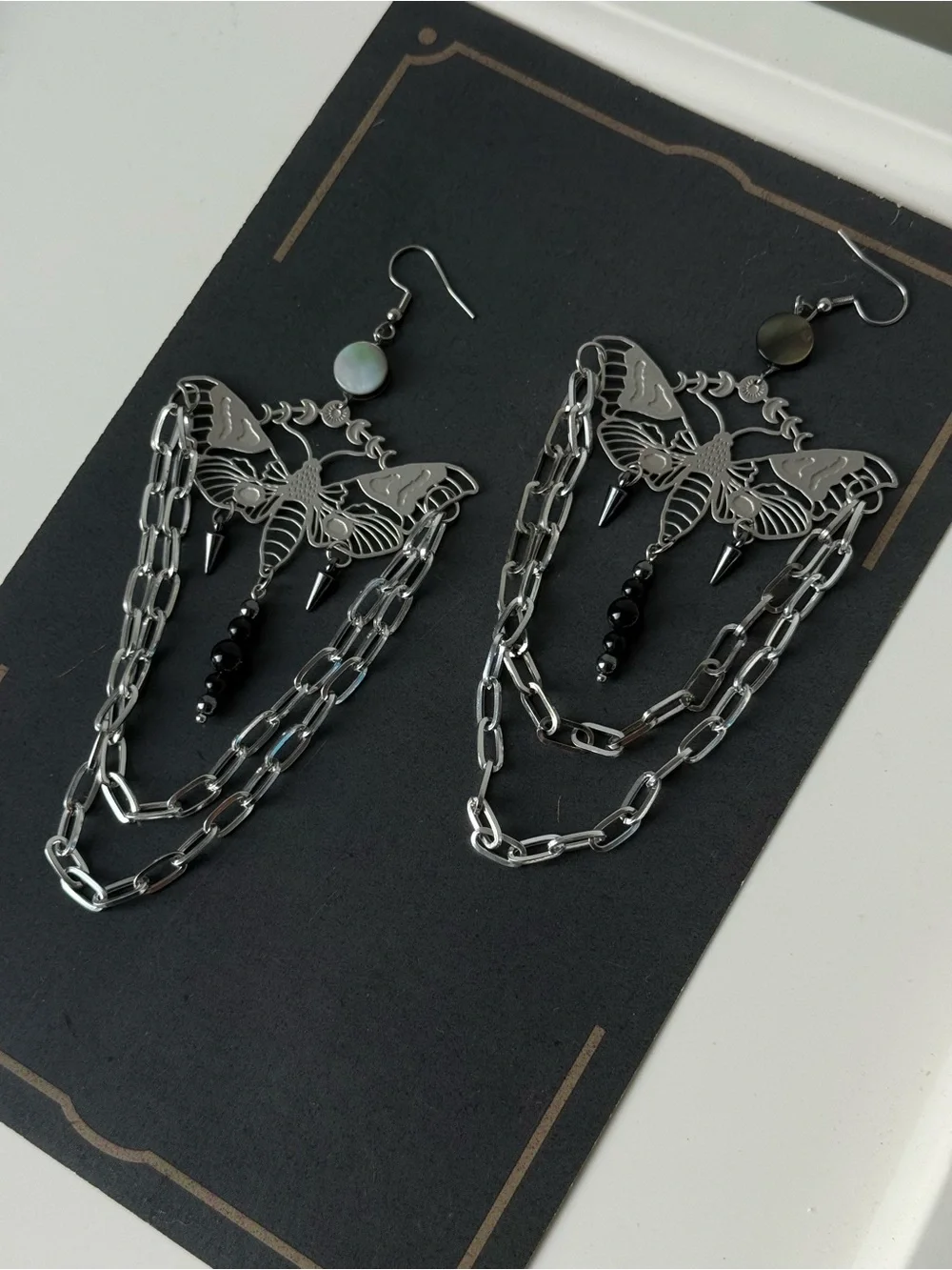 Moth statement earrings black obsidian hematite hanging chains witchy boho festi